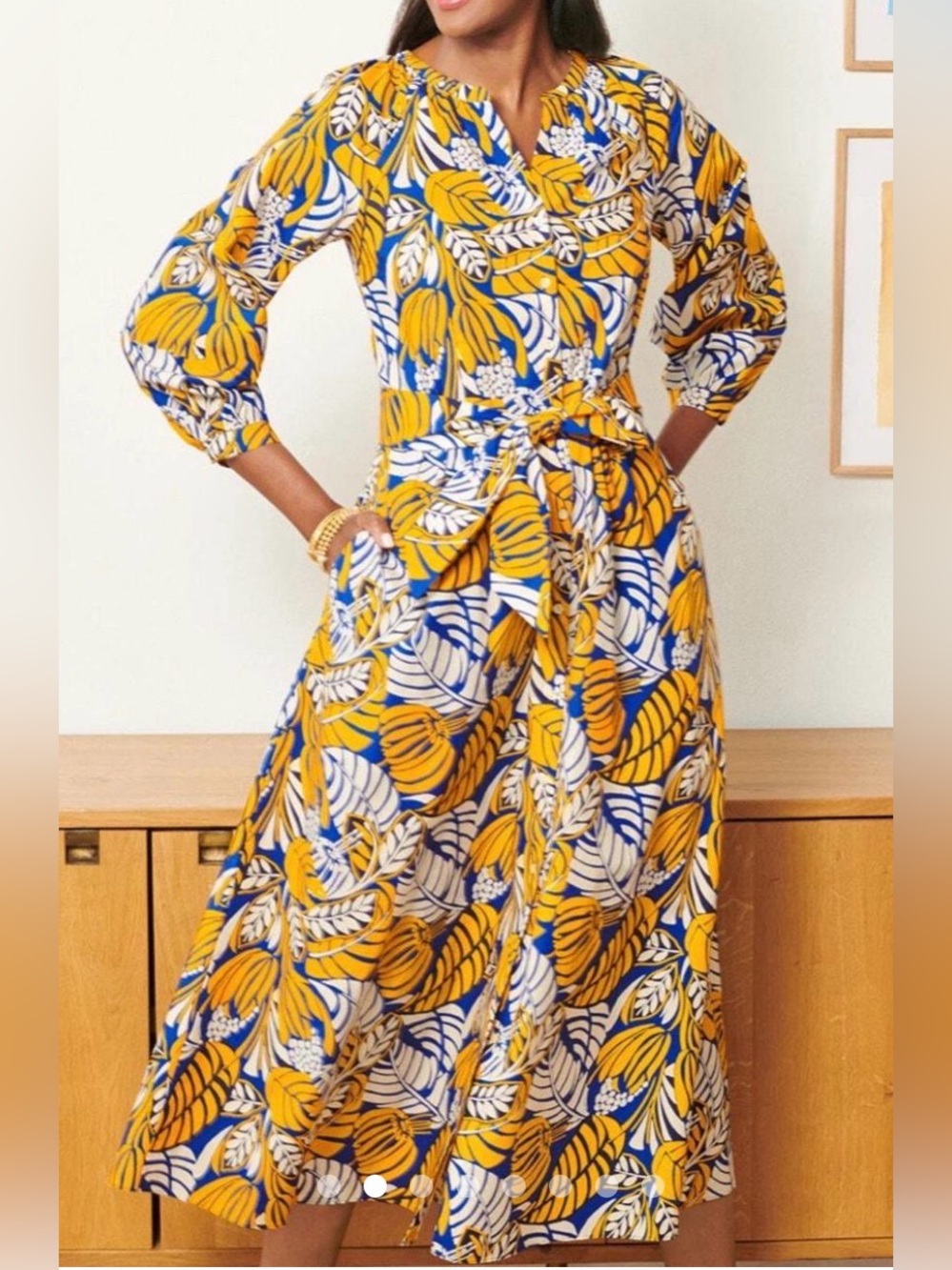 Talbots Mustard, Navy & White Leaf-Print Midi Dress
